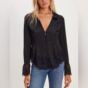 Free People Ester Lace Blouse NWT Silky Black Eyelash Lace Covered Buttons M